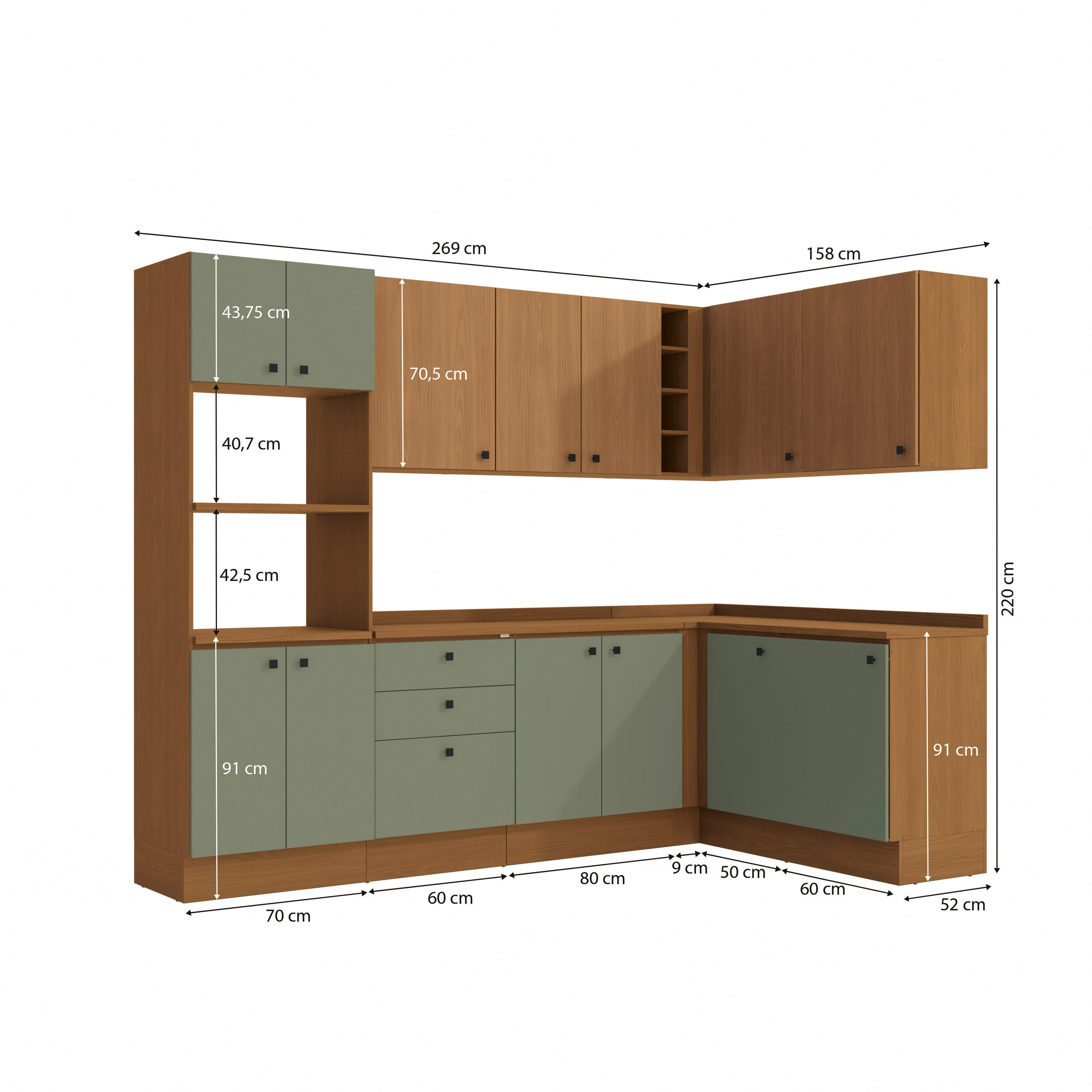 Cozinha Modulada Pixel Kappesberg 100% MDP Canela/Verde Frevo