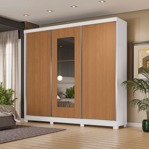 Guarda-Roupa Casal Kappesberg 100% MDF 3 Portas Reversíveis de Correr 3 Espelhos 4 Gavetas Branco/Canela