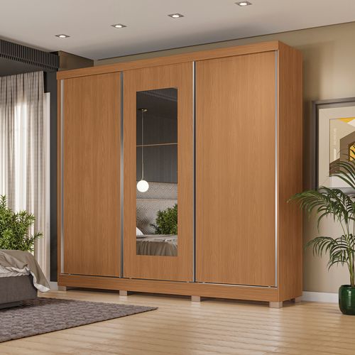 Guarda-Roupa Casal Kappesberg 100% MDF 3 Portas Reversíveis de Correr 3 Espelhos 4 Gavetas Canela
