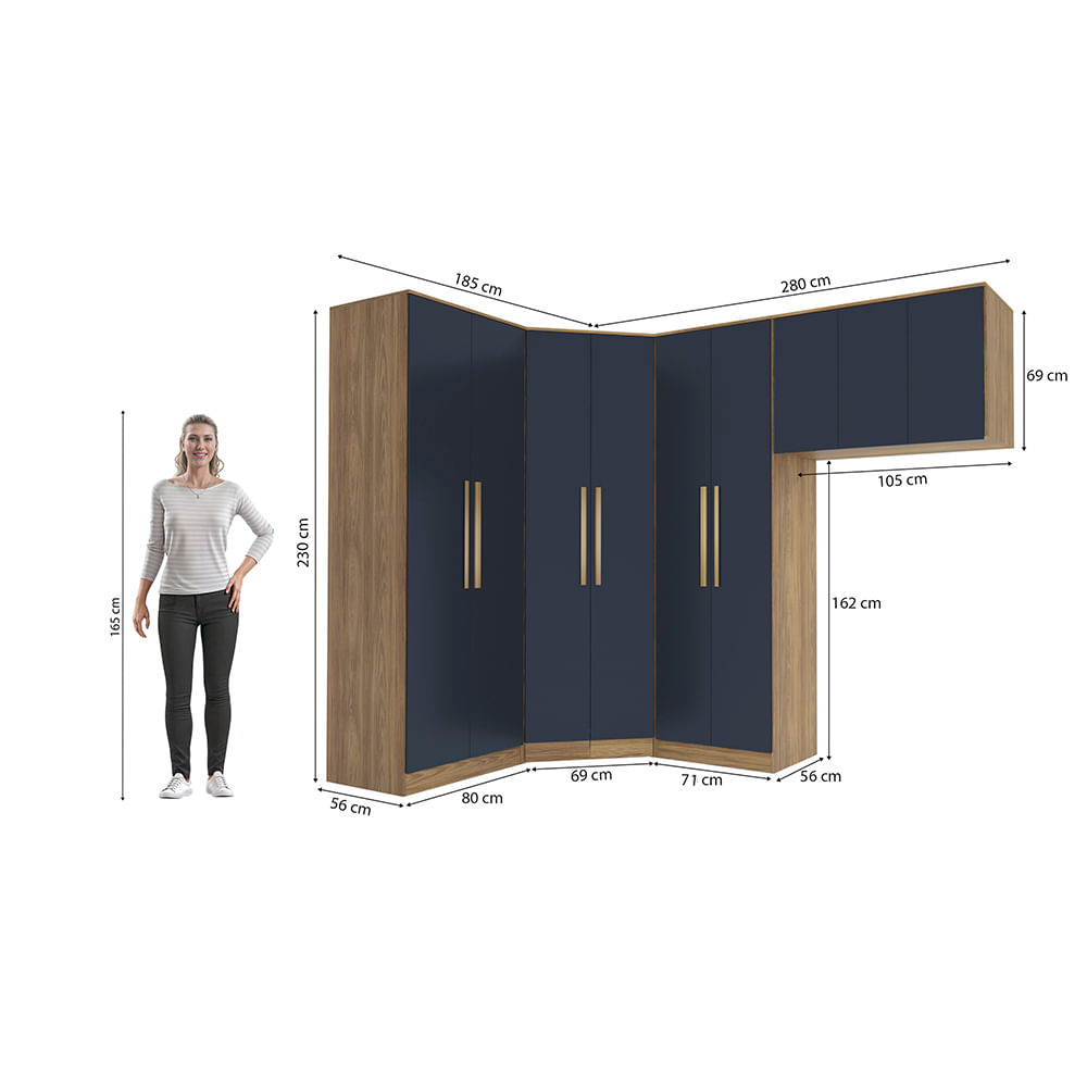 Quarto Modulado Kappesberg Adapt Nogueira/Azul Profundo 4 peças