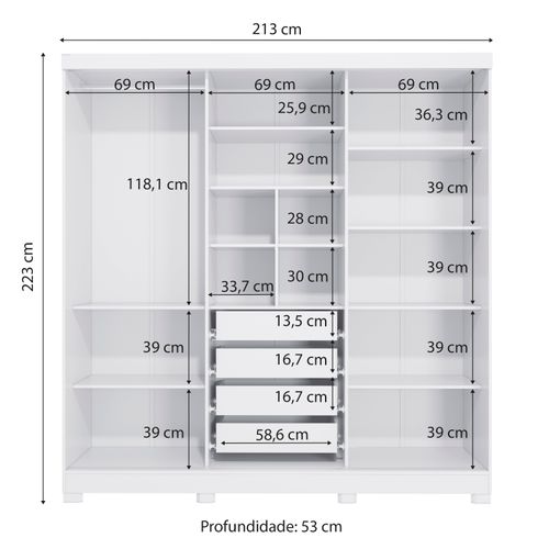 Guarda-Roupa Casal Kappesberg 3 Portas Reversiveis de Correr 3 Espelhos 1 Cabideiro Branco