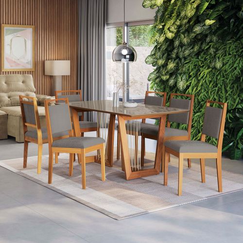 Conjunto Sala de Jantar Lina em Madeira Maciça 6 Cadeiras Boucle Cinza