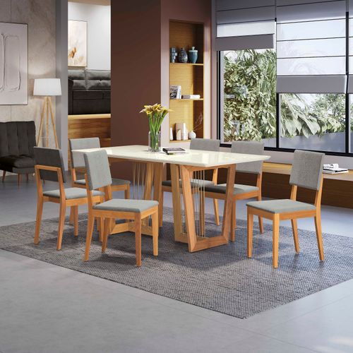 Conjunto Sala de Jantar Dora em Madeira Maciça 6 Cadeiras Boucle Cinza