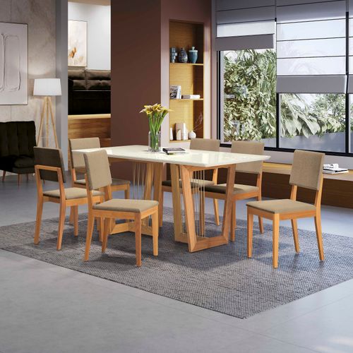 Conjunto Sala de Jantar Dora em Madeira Maciça 6 Cadeiras Boucle Bege