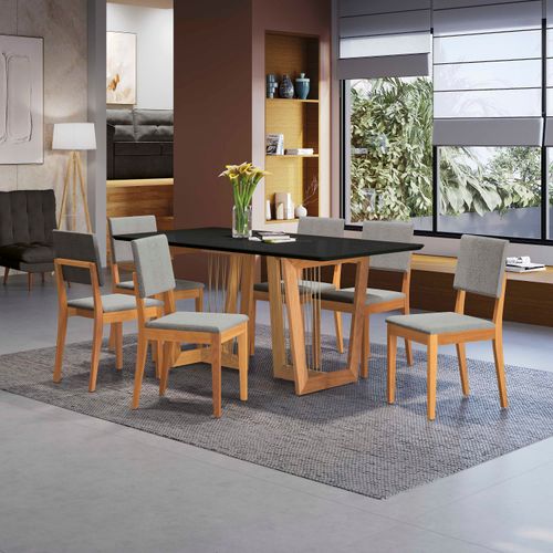 Conjunto Sala de Jantar Dora em Madeira Maciça 6 Cadeiras Boucle Cinza