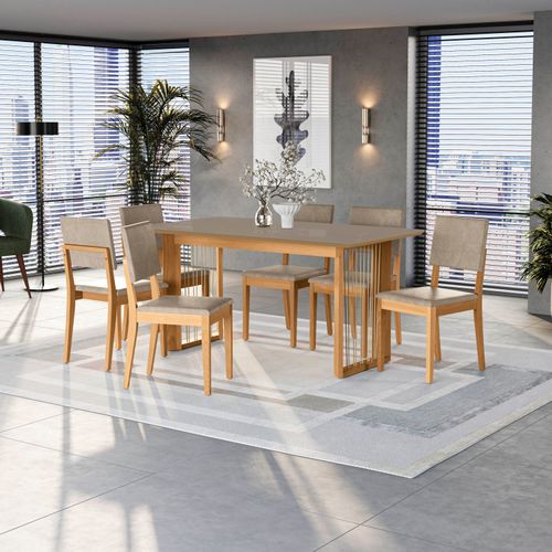 Conjunto Sala de Jantar Dora em Madeira Maciça 6 Cadeiras Linho Fendi