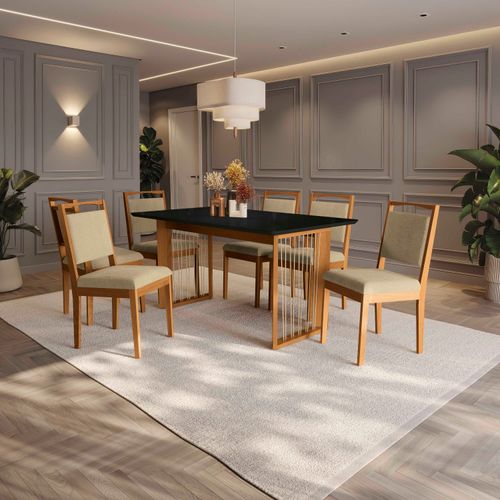 Conjunto Sala de Jantar Lina em Madeira Maciça 6 Cadeiras Boucle Bege