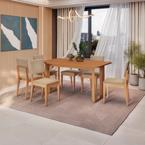Conjunto Sala de Jantar Dora em Madeira Maciça 6 Cadeiras Boucle Bege