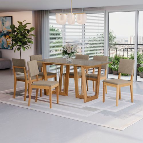 Conjunto Sala de Jantar Dora em Madeira Maciça 6 Cadeiras Linho Fendi