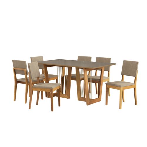 Conjunto Sala de Jantar Dora em Madeira Maciça 6 Cadeiras Linho Fendi