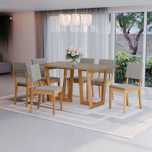 Conjunto Sala de Jantar Dora em Madeira Maciça 6 Cadeiras Boucle Cinza
