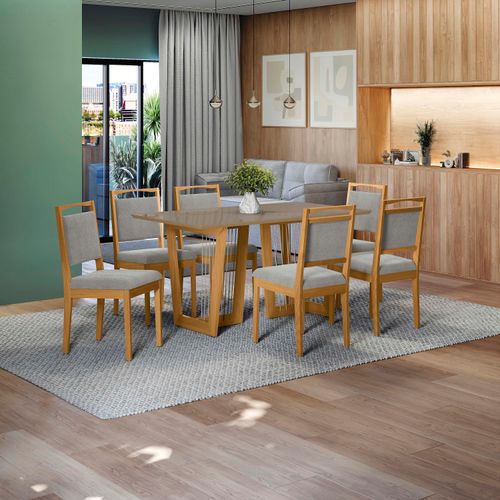Conjunto Sala de Jantar Lina em Madeira Maciça 6 Cadeiras Boucle Cinza