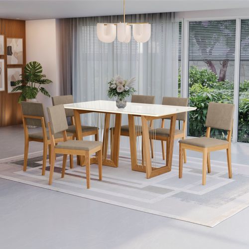 Conjunto Sala de Jantar Dora em Madeira Maciça 6 Cadeiras Linho Fendi