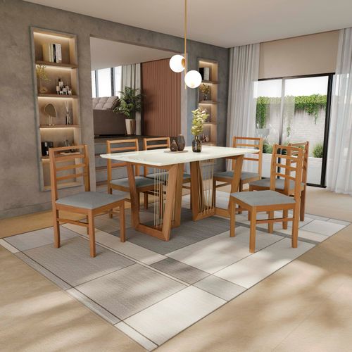 Conjunto Sala de Jantar Elisa em Madeira Maciça 6 Cadeiras Boucle Cinza