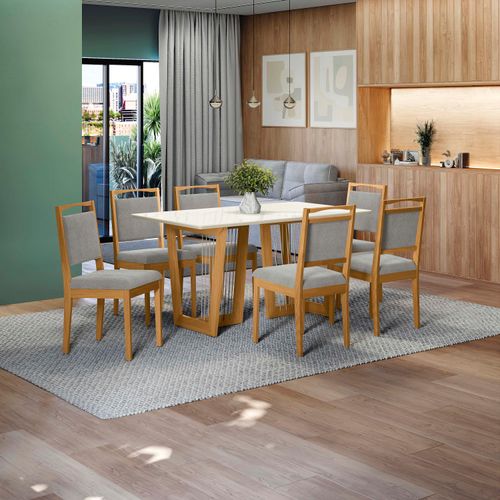 Conjunto Sala de Jantar Lina em Madeira Maciça 6 Cadeiras Boucle Cinza