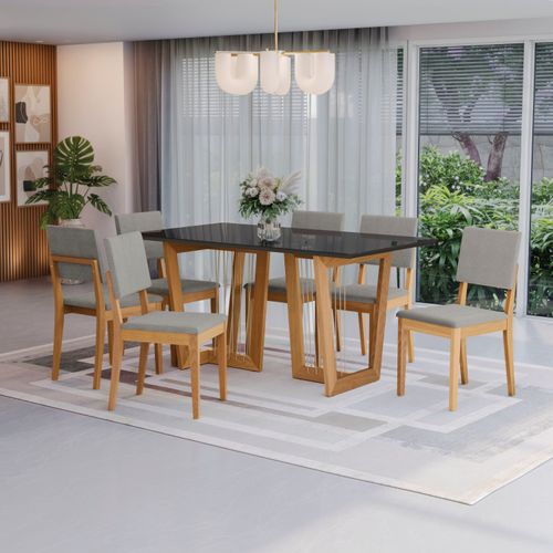 Conjunto Sala de Jantar Dora em Madeira Maciça 6 Cadeiras Boucle Cinza
