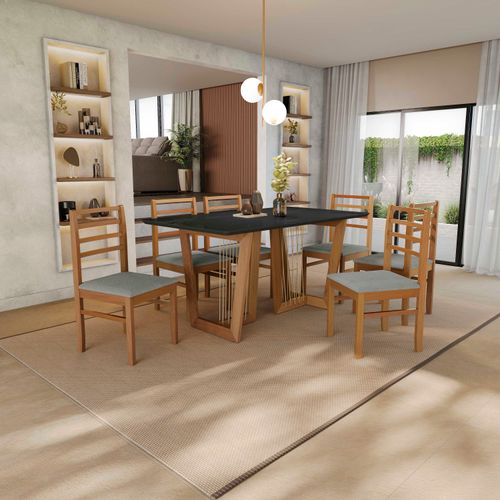 Conjunto Sala de Jantar Elisa em Madeira Maciça 6 Cadeiras Boucle Cinza