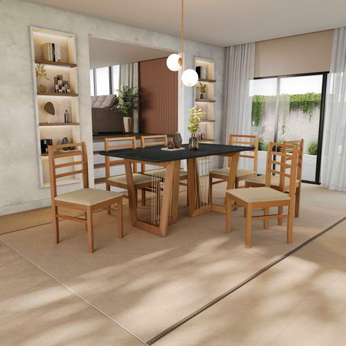 Conjunto Sala de Jantar Elisa em Madeira Maciça 6 Cadeiras Boucle Bege