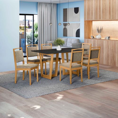 Conjunto Sala de Jantar Lina em Madeira Maciça 6 Cadeiras Boucle Bege