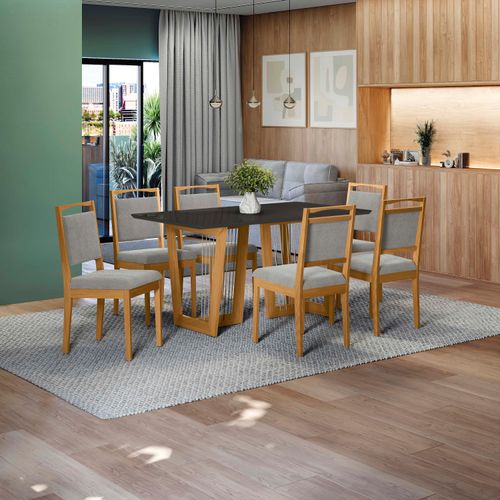 Conjunto Sala de Jantar Lina em Madeira Maciça 6 Cadeiras Boucle Cinza