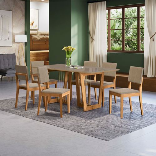 Conjunto Sala de Jantar Dora em Madeira Maciça 6 Cadeiras Linho Fendi