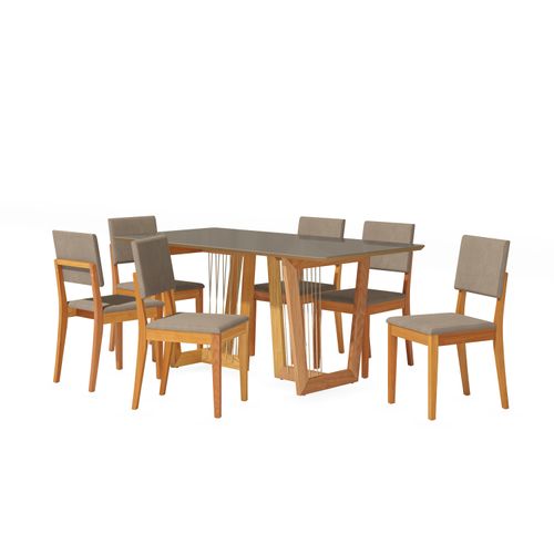 Conjunto Sala de Jantar Dora em Madeira Maciça 6 Cadeiras Linho Fendi