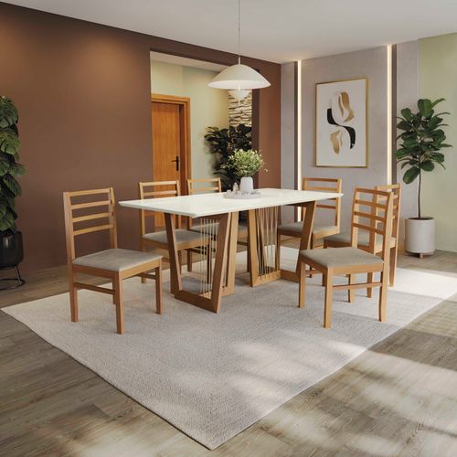 Conjunto Sala de Jantar Elisa em Madeira Maciça 6 Cadeiras Linho Fendi
