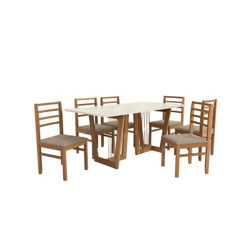 Conjunto Sala de Jantar Elisa em Madeira Maciça 6 Cadeiras Linho Fendi