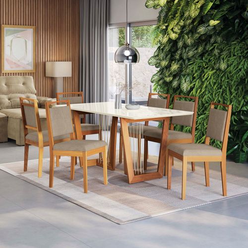 Conjunto Sala de Jantar Lina em Madeira Maciça 6 Cadeiras Linho Fendi