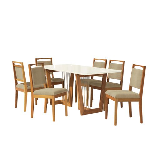 Conjunto Sala de Jantar Lina em Madeira Maciça 6 Cadeiras Boucle Bege