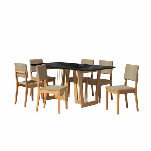 Conjunto Sala de Jantar Dora em Madeira Maciça 6 Cadeiras Boucle Bege