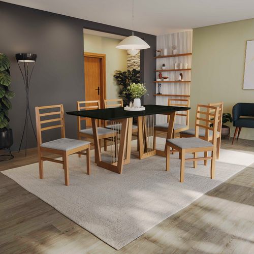Conjunto Sala de Jantar Elisa em Madeira Maciça 6 Cadeiras Boucle Cinza