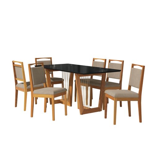 Conjunto Sala de Jantar Lina em Madeira Maciça 6 Cadeiras Linho Fendi