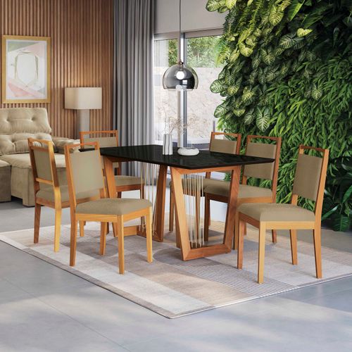Conjunto Sala de Jantar Lina em Madeira Maciça 6 Cadeiras Boucle Bege