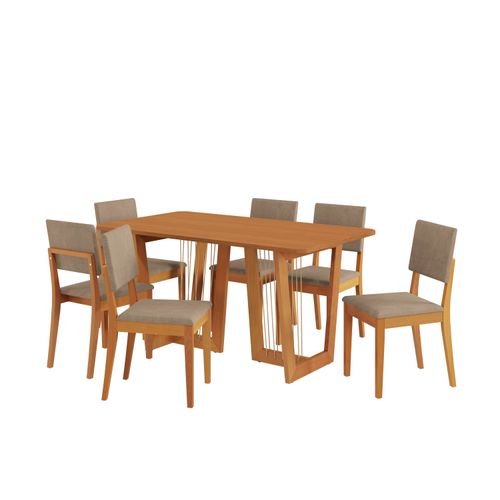 Conjunto Sala de Jantar Dora em Madeira Maciça 6 Cadeiras Linho Fendi
