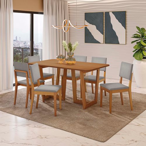 Conjunto Sala de Jantar Dora em Madeira Maciça 6 Cadeiras Boucle Cinza