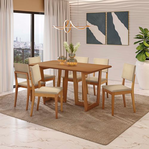 Conjunto Sala de Jantar Dora em Madeira Maciça 6 Cadeiras Boucle Bege