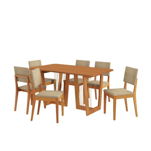 Conjunto Sala de Jantar Dora em Madeira Maciça 6 Cadeiras Boucle Bege