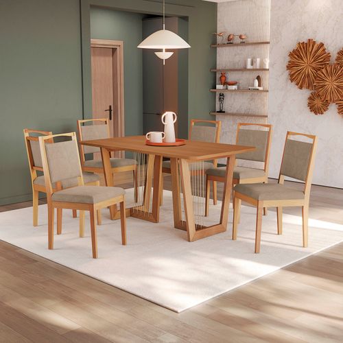 Conjunto Sala de Jantar Lina em Madeira Maciça 6 Cadeiras Linho Fendi