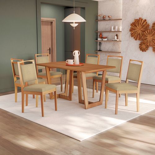 Conjunto Sala de Jantar Lina em Madeira Maciça 6 Cadeiras Boucle Bege