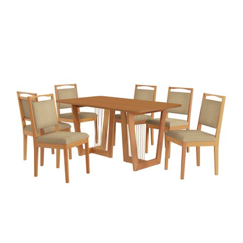 Conjunto Sala de Jantar Lina em Madeira Maciça 6 Cadeiras Boucle Bege