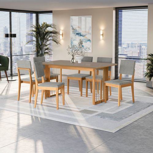 Conjunto Sala de Jantar Dora em Madeira Maciça 6 Cadeiras Boucle Cinza