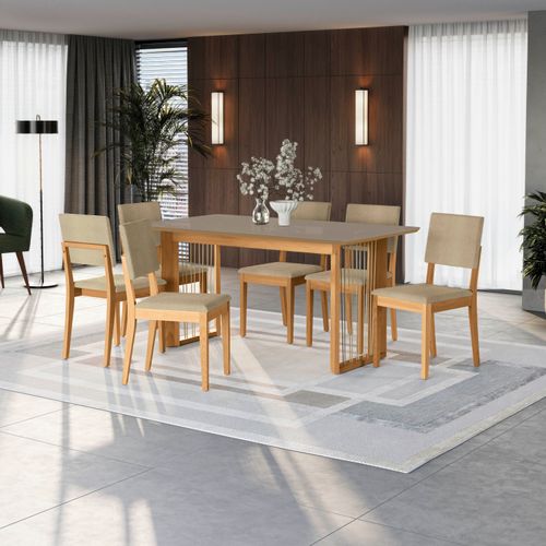 Conjunto Sala de Jantar Dora em Madeira Maciça 6 Cadeiras Boucle Bege