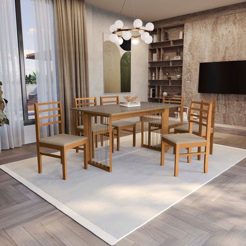 Conjunto Sala de Jantar Elisa em Madeira Maciça 6 Cadeiras Linho Fendi