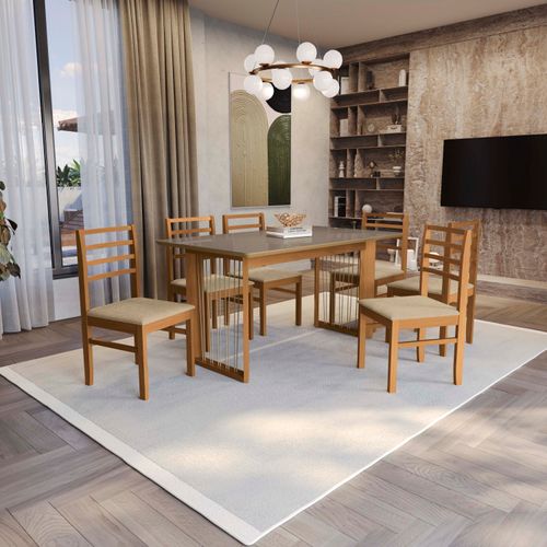 Conjunto Sala de Jantar Elisa em Madeira Maciça 6 Cadeiras Boucle Bege