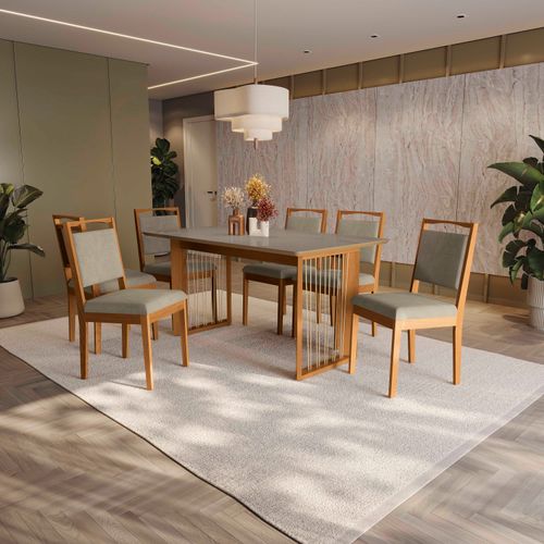 Conjunto Sala de Jantar Lina em Madeira Maciça 6 Cadeiras Linho Fendi
