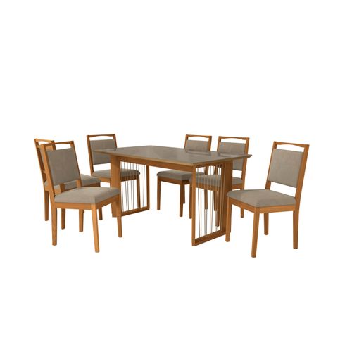Conjunto Sala de Jantar Lina em Madeira Maciça 6 Cadeiras Linho Fendi