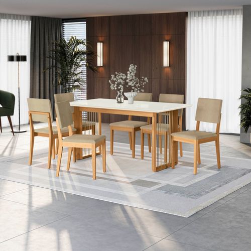 Conjunto Sala de Jantar Dora em Madeira Maciça 6 Cadeiras Boucle Bege