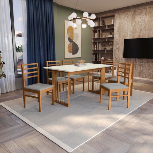 Conjunto Sala de Jantar Elisa em Madeira Maciça 6 Cadeiras Boucle Cinza