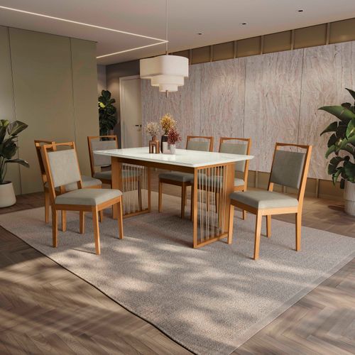 Conjunto Sala de Jantar Lina em Madeira Maciça 6 Cadeiras Linho Fendi